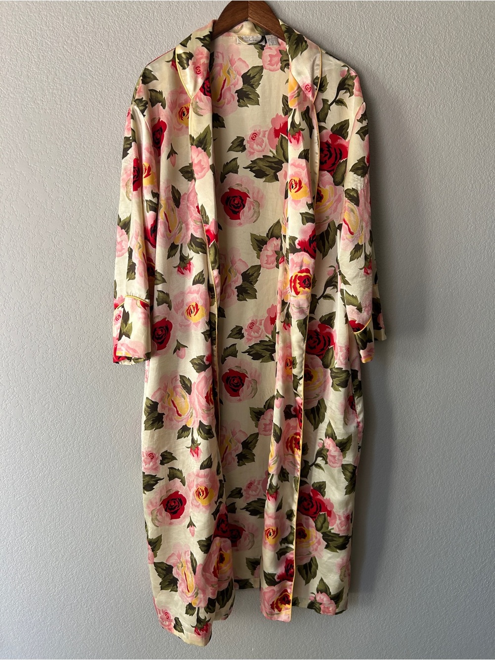 Cabernet Cream Floral Long Satin Robe with Pink and Red Roses | Vintage